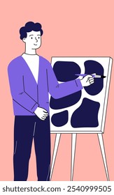 Man with hobby. Young guy paints on canvas with paintbrush. Hobby and leisure. Artist in workshop or studio. Modern art. Linear vector illustration isolated on beige background