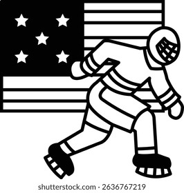 A man in a hockey uniform is running across a flag. The man is wearing a helmet