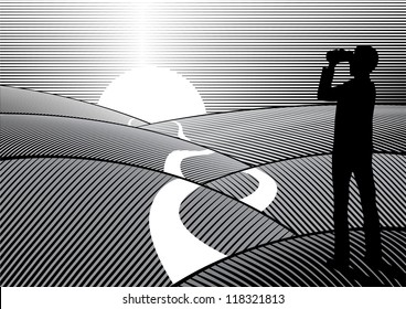 A man hoding binocular and looking ahead for future with sun and filed background in woodcut style