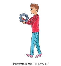 Man hoding gear cartoon scribble