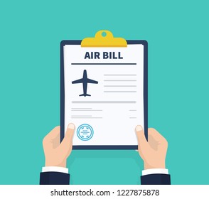 Man hold Air bill. Holding the clipboard. Paperwork, sheets in folder. Vector illustration