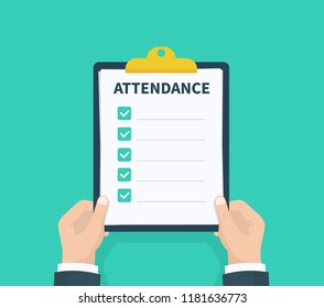 Man hold Attendance clipboard with checklist. Questionnaire, survey, clipboard, task list. Flat design, vector illustration on background.