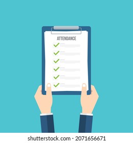 Man hold Attendance clipboard with checklist. Questionnaire, survey, clipboard, task list. Flat design, vector illustration