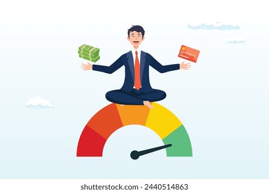 Man hold banknote and credit card sit above credit gauge at good rating, credit score for credit card spending with sufficient cash to pay debt create excellent personal financial plan (Vector)