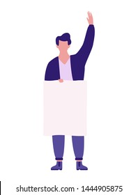 Man hold banner. Character with blank empty board for message. Advertising concept. Isolated vector illustration in cartoon style