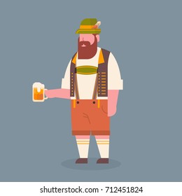 Man Hold Beer Mug Wearing Traditional German Clothes Oktoberfest Waiter Fest Concept Flat Vector Illustration