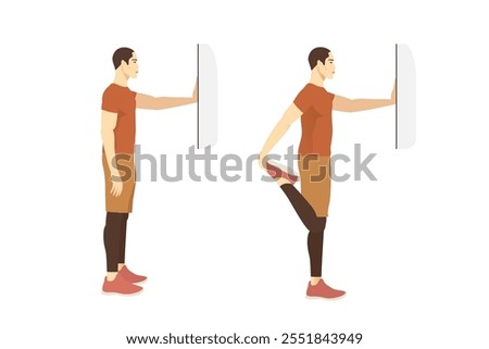 Man hold bend his knee by hold the ankle and moving foot toward his buttocks with standing front thigh stretch with wall support. Standing Quadriceps Stretch.