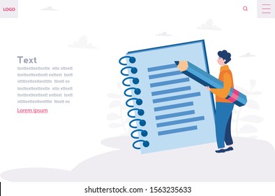 Man hold bid pencil near notebook, Content Marketing. Blogging and SMM, creative commercial 
 blog post, Blogger character, vector illustration, Concept for web page, presentation, social media.