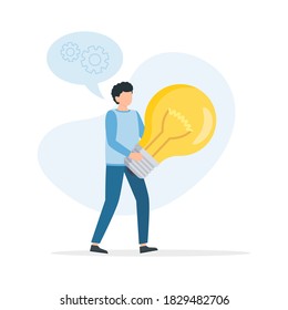 Man hold big light bulb. Good ideas, brainstorming, innovation, creative thinking. Vector illustration.