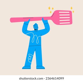 Man hold big spatula. Colorful vector illustration 