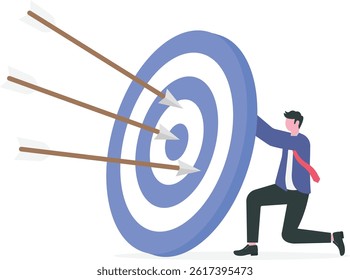 Man hold big target with arrow in bullseye. Purpose in business, success, goal achievement, victory. Marketing strategy. Vector illustration.

