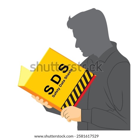 Man hold binder file and reading a material safety data sheet document vector illustration.