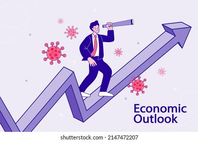Man hold binocular on growing chart and viruses around metaphor economic recovery. Businessmen look for opportunities during the epidemic. Pandemic business strategy, vision, success. Vector