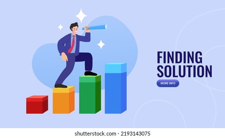 Man hold binocular on growing chart. Businessmen look for opportunities. vision, success. Business metaphore for search or research. Searching for employee. Vector illustration.