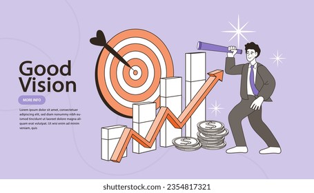 Man hold binocular on growing chart. Businessmen look for opportunities. vision, success. Business metaphore for search or research. Searching for employee. Vector illustration.