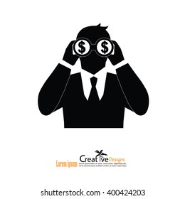 Man Hold Binoculars With Money Icon.business Concept.
  .Vision Concept. Vector Illustration.