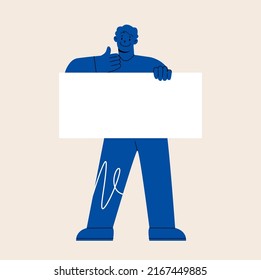Man hold blank placards. Happy men with empty paper boards showing, presenting, demonstrating advertisement, message. Colorful vector illustration
