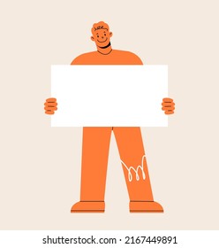 Man hold blank placards. Happy men with empty paper boards showing, presenting, demonstrating advertisement, message. Colorful vector illustration
