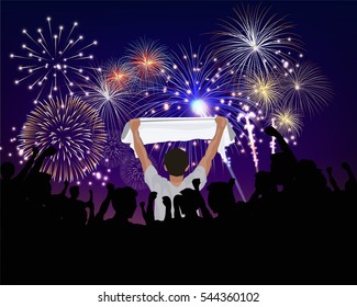 man hold blank white cloth stand among silhouette of group cheer with fireworks bursting on twilight background in vector illustration. Concept for celebrate in the holiday event or cheer the sport