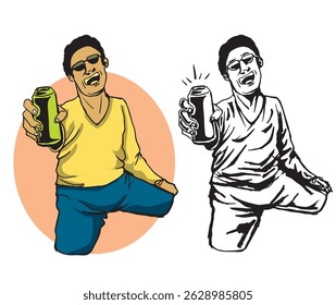 man hold a bottle while smiling using glasses with hand drawn style isolated on white background. energy drink logo