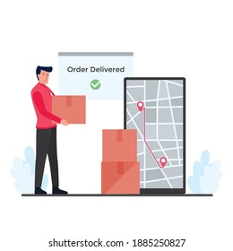Man hold boxes beside phone with route map. Metaphor of online tracking delivery.