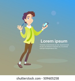 Man Hold Cell Smart Phone Chatting Texting, Social Network Communication Flat Vector Illustration