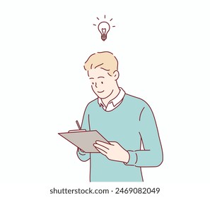 man hold check-list think start-up strategy plan. Hand drawn style vector design illustrations.