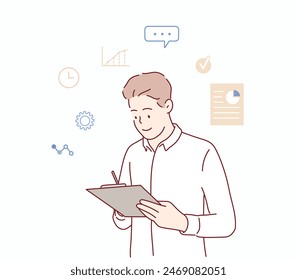 man hold check-list think start-up strategy plan. Hand drawn style vector design illustrations.