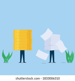 Man hold coins while other hold papers metaphor of effort and reward. Business flat vector concept illustration.