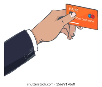 Man hold credit card in hand. Customer of bank using it for payment. Cardholder and glossy orange plastic money isolated on white background. Vector illustration in minimalism, sketch drawing