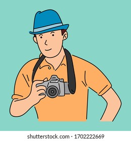 Man hold digital camera. Cartoon vector illustration