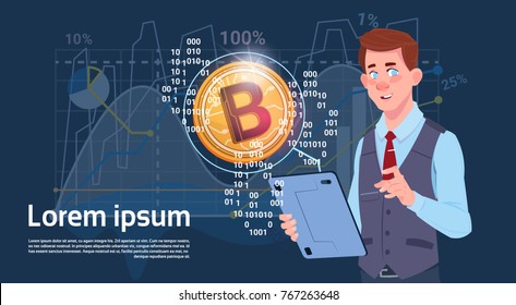 Man Hold Digital Tablet Golden Bitcoin Modern Currency Crypto Web Charts And Graphs Background Vector Illustration
