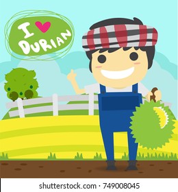 man hold the durian in the garden. Invited to eat durian. let's grow a garden.Thailand fruit lover