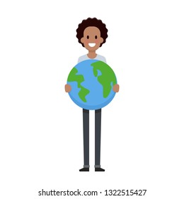 El hombre sostiene el diseño plano de la tierra. Guardar concepto de planeta - Ilustración vectorial