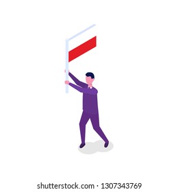 Man hold flag of Poland. Isometric vector illustration.