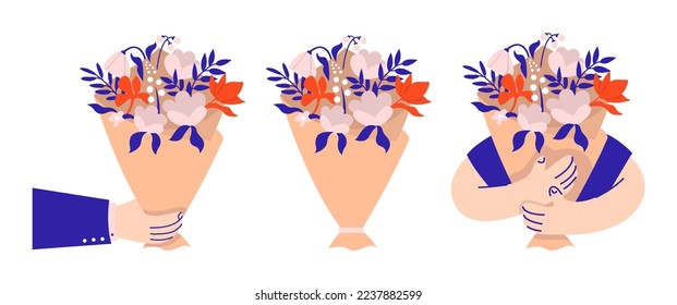 Man hold flower bouquet. Bunch of plants collection, cartoon blooming. Present for Valentines day, 8 march, birhday.Vector isolated garden flowers botanical decoration set