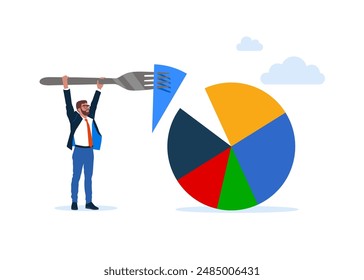 Man hold fork knife eat cut diagram stats charts. Flat vector illustration