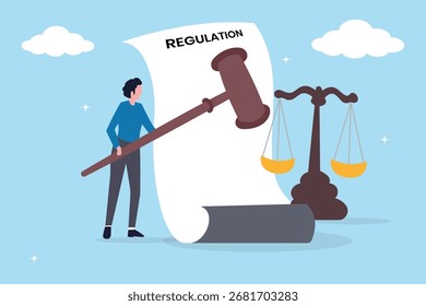 Man hold gavel with scale and regulation document, hand holding a hammer. Regulations, law or rules, authority, legislation or government lawsuit,  verdict or punishment concept. Vector illustration.
