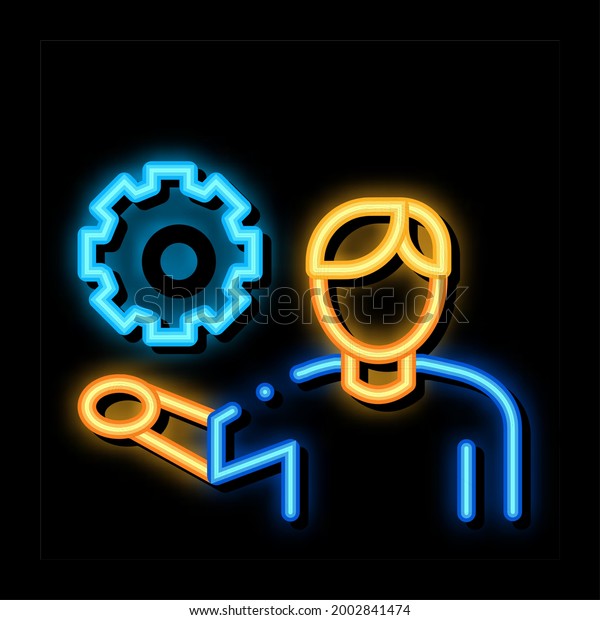Man Hold Gear neon\
light sign vector. Glowing bright icon Man Hold Gear sign.\
transparent symbol\
illustration