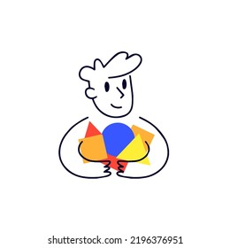 Man hold geometric shapes in hands. Game and creation. Project management. Abstract boy with toys. Outline cartoon illustration