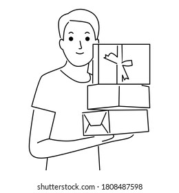 Man hold gift box in front of him in arms