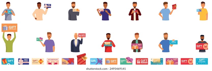 Man hold gift certificate icons set. Men of different ethnicities holding various gift cards and certificates, promoting special offers and discounts