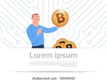 Man Hold Golden Bitcoin Modern Crypto Currency Web Money Concept Motherboard Circuit Background Vector Illustration