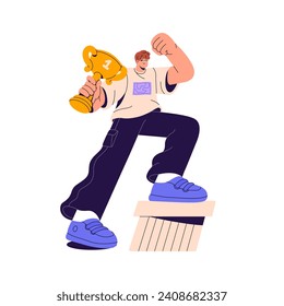 Man hold golden cup for first place, winks. Winner with gold trophy, reward, prize standing on win pedestal. Champion celebrates victory, rejoice to success. Flat isolated vector illustration on white