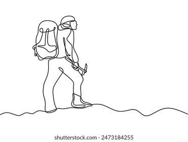 Man hold hammer do hiking sport on mountain continuous line drawing. Adventure sport concept. Vector illustration minimalist design hand drawn.