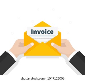 Man hold in hand invoice in envelope. Email message. The official document is received in the mail. Checking Invoice. Flat design, vector illustration on background