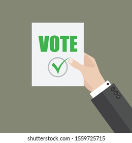 Man hold in hand a piece of paper with vote. Voting concept