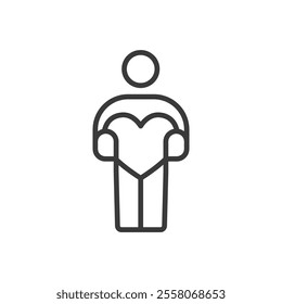 Man hold a heart icon in line design. Man, hold, heart, charity, support, love, care on white background vector. Man hold a heart editable stroke icon