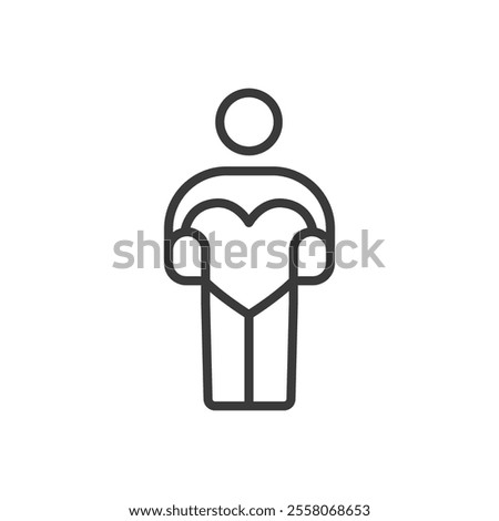 Man hold a heart icon in line design. Man, hold, heart, charity, support, love, care on white background vector. Man hold a heart editable stroke icon