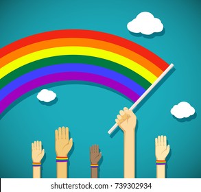 Man hold in his hand a gay rainbow flag. Symbol of LGBT community. Stock vector cartoon illustration.